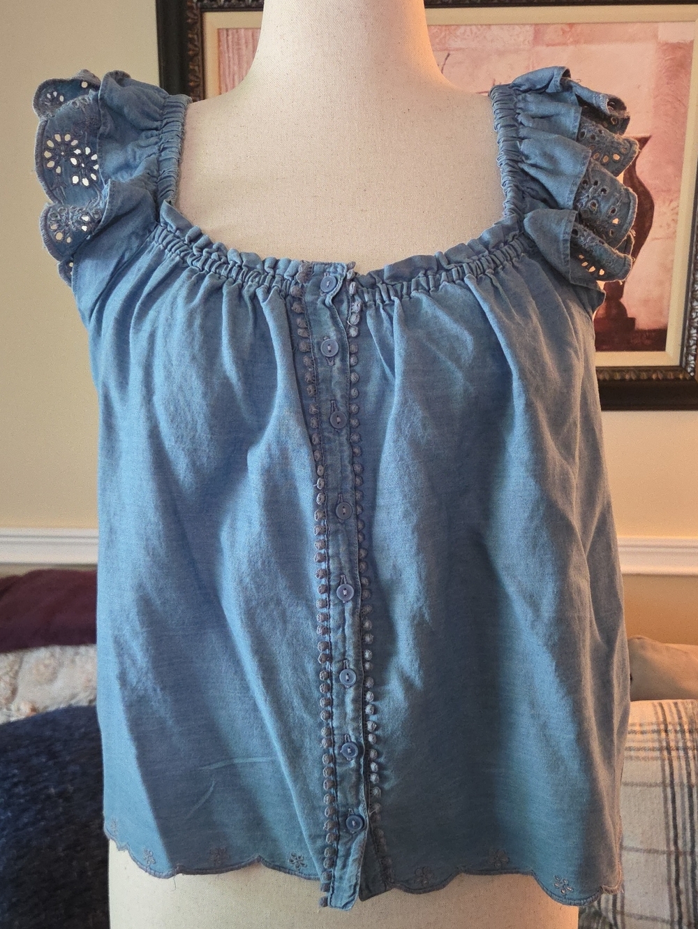 Jessica Simpson Blue Eyelet Ruffle Strap Summer Top